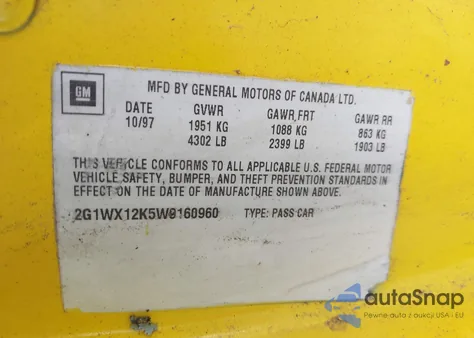 1998 Chevrolet Monte Carlo Z34 из США, поврежденный, VIN 2G1WX12K5W9160960